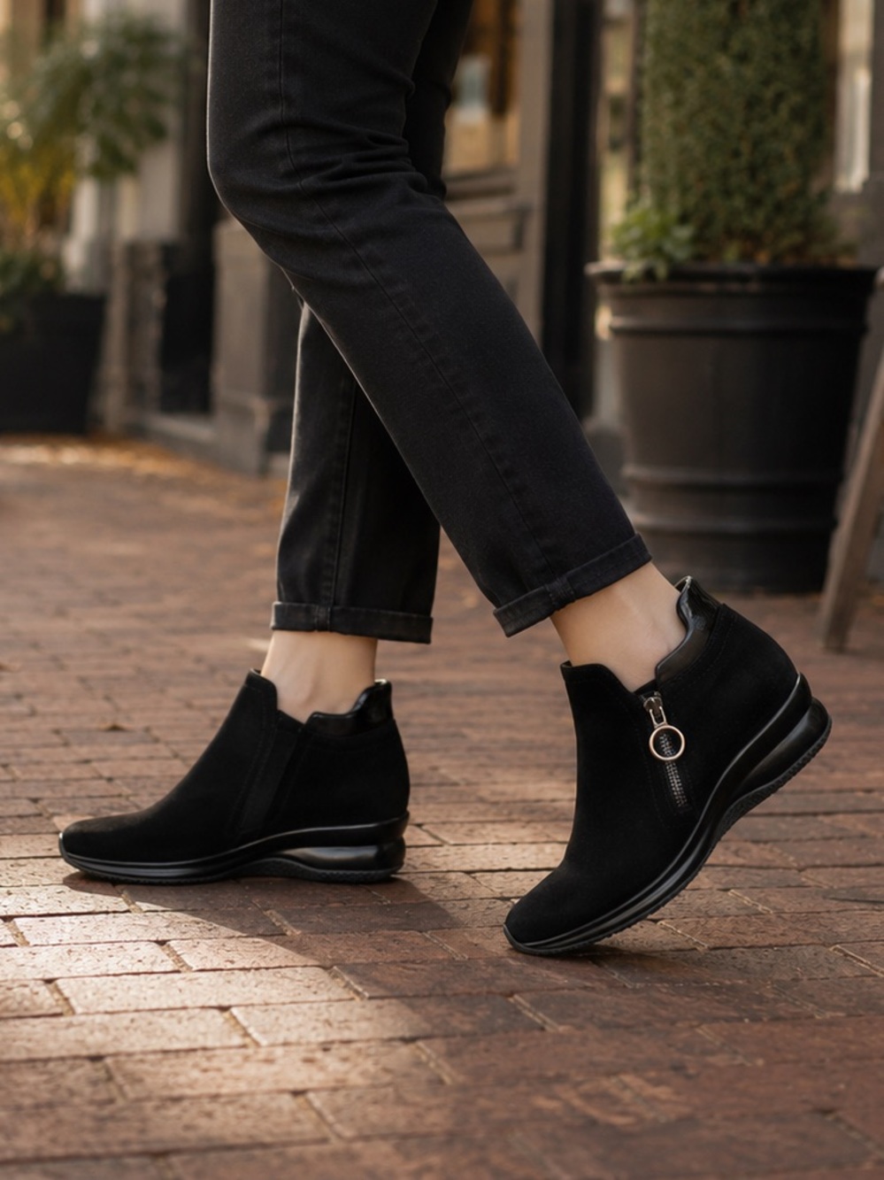 Aquatalia by Marvin K. Black Suede Zip Wedge Ankle Booties – Size 9.5